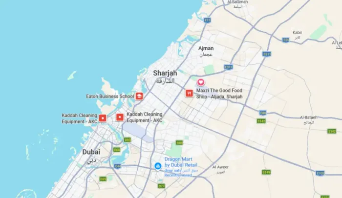 Service area map covering Ajman, Dubai and Sharjah UAE